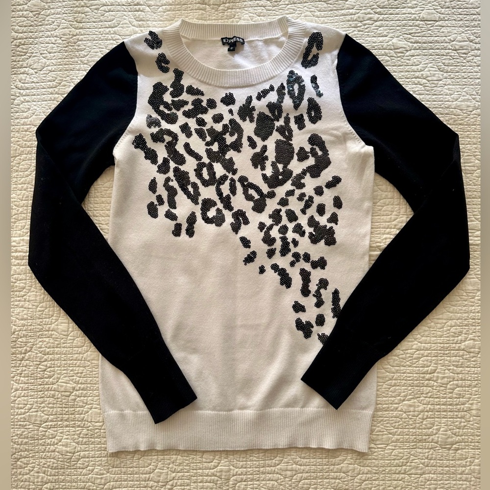 Express White and Black Leopard Print Crewneck Sweater